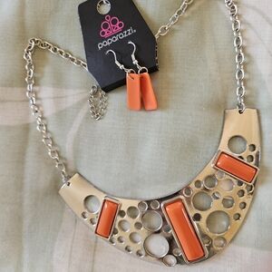Paparazzi Silver and Orange Necklace Set